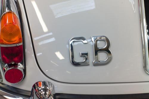 Great Britain badge on a vintage white Jaguar at Classic Car Storage UK