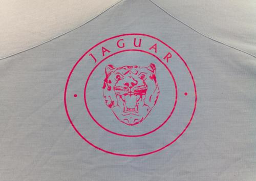 Jaguar Logo printed in pink onto a vintage car cover.